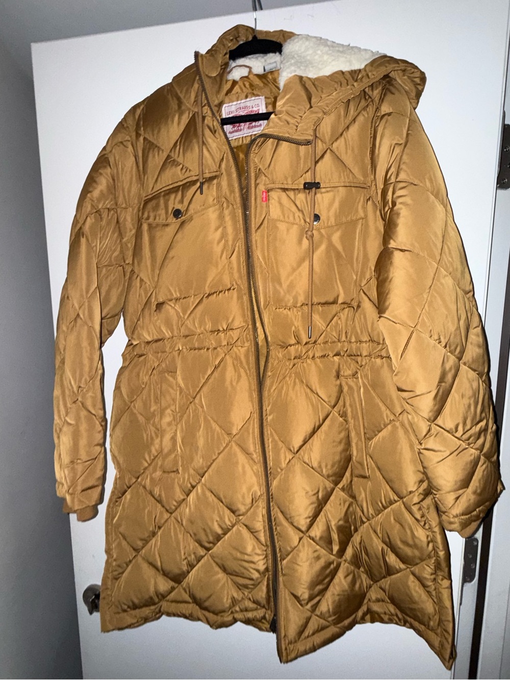 Levi’s Quilted Hooded Long Puffer Coat in Tan